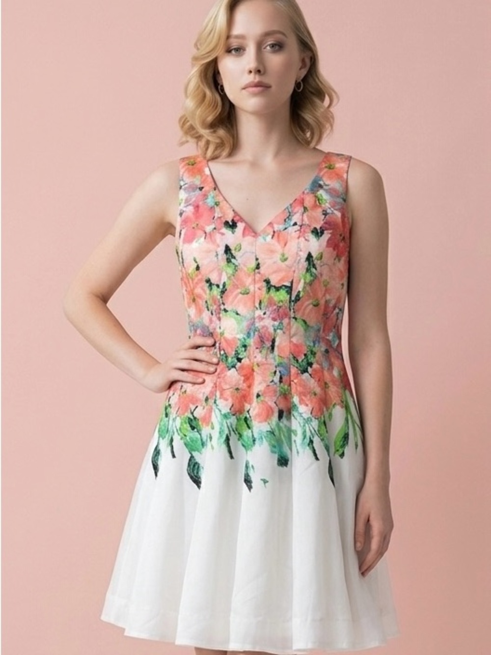 Gabby Skye 60’s Sleeveless Coral Floral Coquettegirl Flare V-Neck Mini Dress-14